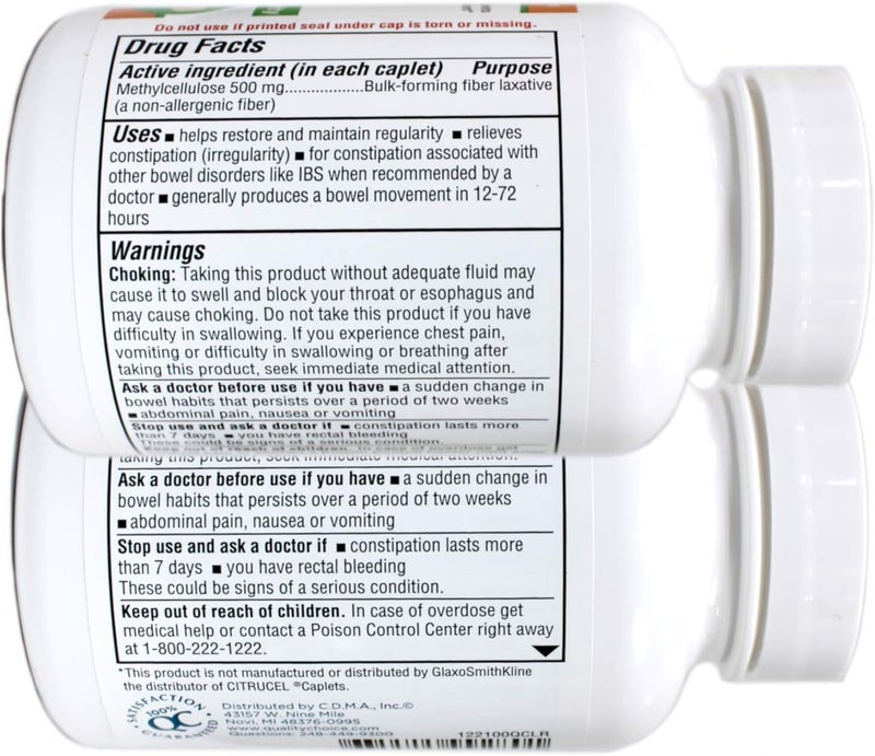 Quality Choice Fiber Therapy for Regularity Methylcellulose 500 mg 100 Caplets Pack of 2 - Image 3