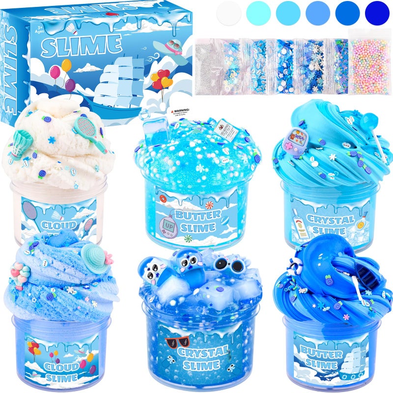 Rowecvce 6 Pack Slimes Kit, Blue Slime Kids, Cloud Butter & Clear Slime, Party Favors, Toys for Girls Boys Ages 8-12, Goodie Bag Stuffers, Birthday Gift Ideas Cute Stuff - Image 1