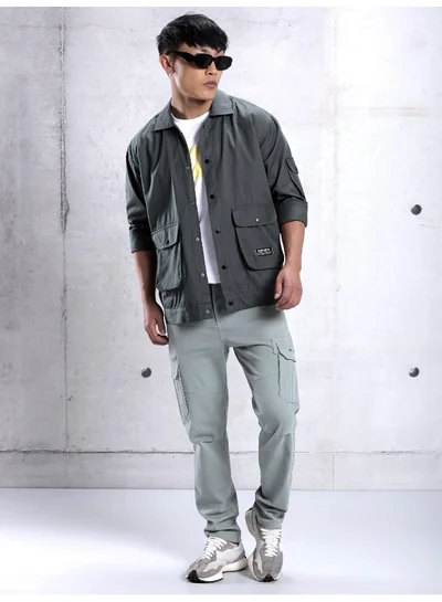 Beyoung Dark Grey Utility Pockets Casual Shirt for Men