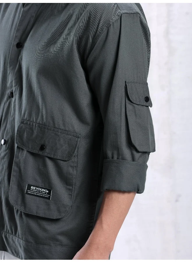 Beyoung Dark Grey Utility Pockets Casual Shirt for Men
