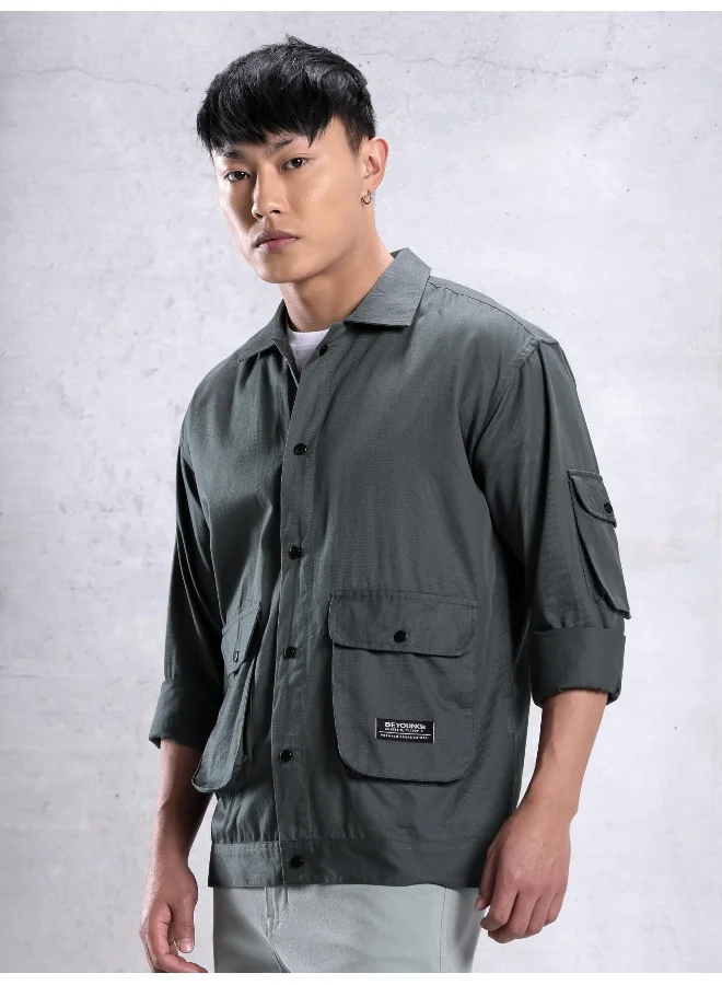 Beyoung Dark Grey Utility Pockets Casual Shirt for Men