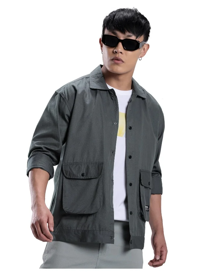 Beyoung Dark Grey Utility Pockets Casual Shirt for Men