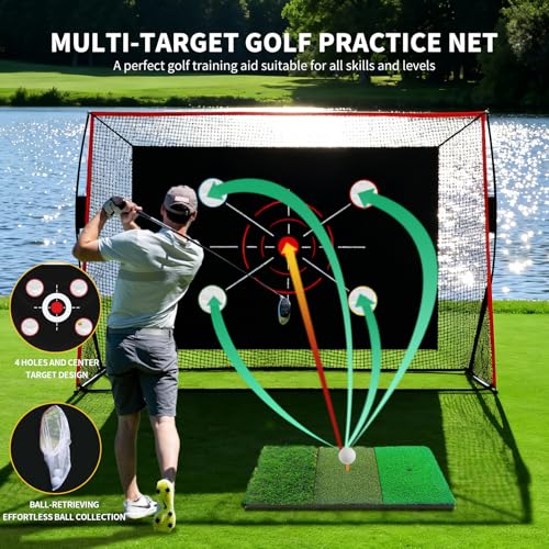YKIOKE Golf Net, 10x7FT with Golf Practice Mat, Hitting Aid Net with Multi Targets Training for Backyard Driving Chipping Indoor Outdoor Use, 7-Ply Anti-Tear Netting & Carry Bag, Gifts for Men Dad Him Golfer - Image 3