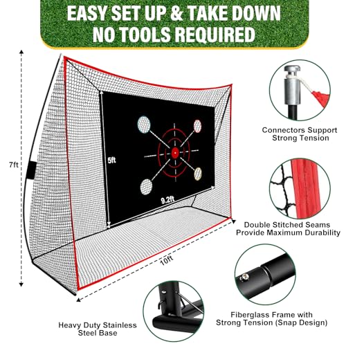 YKIOKE Golf Net, 10x7FT with Golf Practice Mat, Hitting Aid Net with Multi Targets Training for Backyard Driving Chipping Indoor Outdoor Use, 7-Ply Anti-Tear Netting & Carry Bag, Gifts for Men Dad Him Golfer - Image 5