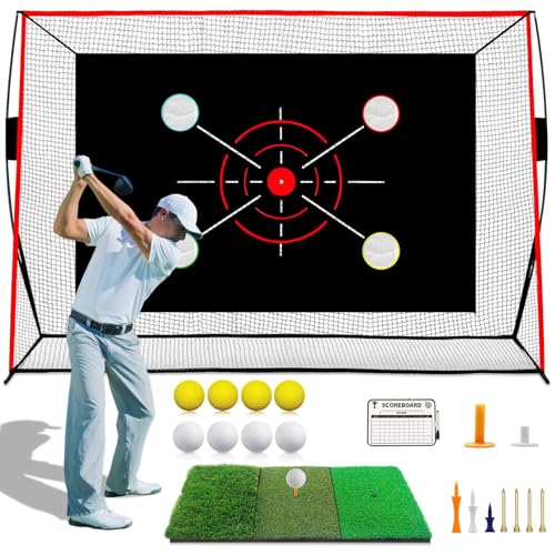 YKIOKE Golf Net, 10x7FT with Golf Practice Mat, Hitting Aid Net with Multi Targets Training for Backyard Driving Chipping Indoor Outdoor Use, 7-Ply Anti-Tear Netting & Carry Bag, Gifts for Men Dad Him Golfer - Image 1