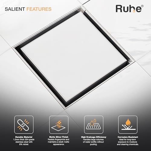 Ruhe® Tile Insert Square 6x6 Inches Floor Drainer | 304 Grade Stainless Steel Square Tile Insert with Stainless Steel Trap | Set of 2 - Image 4