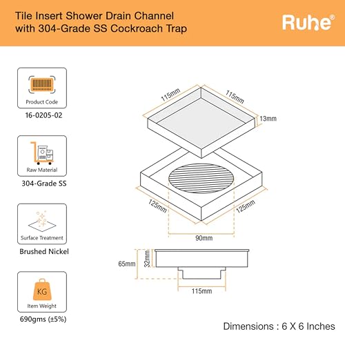 Ruhe® Tile Insert Square 6x6 Inches Floor Drainer | 304 Grade Stainless Steel Square Tile Insert with Stainless Steel Trap | Set of 2 - Image 2