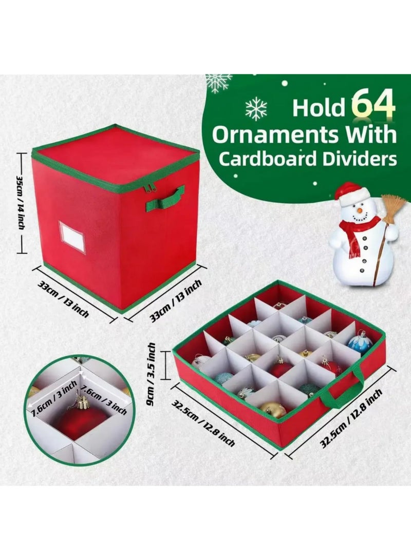 1 قطعة صندوق تخزين بسحاب من القماش غير المنسوج الأحمر 64 شبكة مع لوح شبكي من الورق المقوى لتنظيم زينة الكريسماس وتخزين الكرات - Image 2