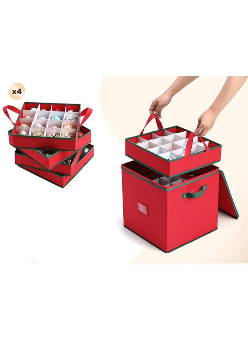 1 قطعة صندوق تخزين بسحاب من القماش غير المنسوج الأحمر 64 شبكة مع لوح شبكي من الورق المقوى لتنظيم زينة الكريسماس وتخزين الكرات - Image 4