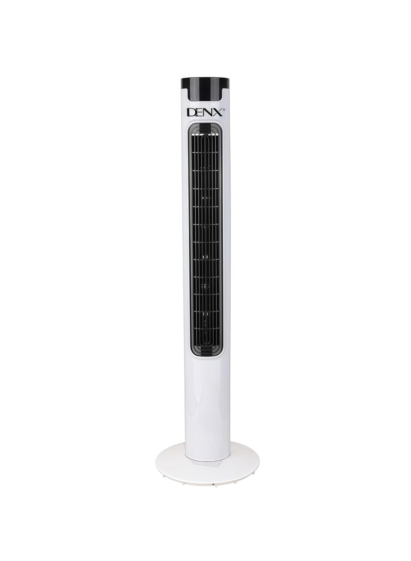 DENX Tower Fan, Vertical Air Conditioner and Cooler, Quiet Standing Cooling Fan with 3 Speeds & 3 Modes, Oscillating Vertical Air Cooler for Bedroom, Office, Home, Portable Floor Fan with Safe Leafless Design, 40W, UK Plug, White + Black, DX2618