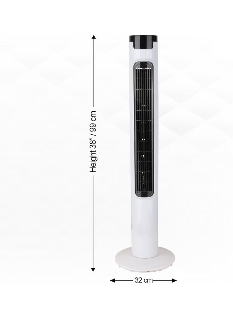 DENX Tower Fan, Vertical Air Conditioner and Cooler, Quiet Standing Cooling Fan with 3 Speeds & 3 Modes, Oscillating Vertical Air Cooler for Bedroom, Office, Home, Portable Floor Fan with Safe Leafless Design, 40W, UK Plug, White + Black, DX2618