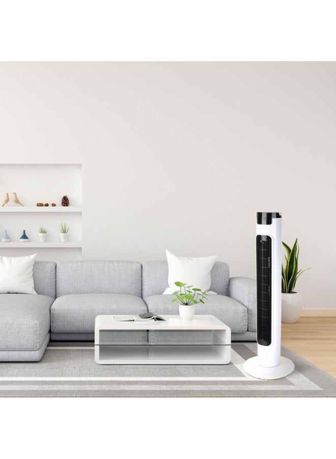 DENX Tower Fan, Vertical Air Conditioner and Cooler, Quiet Standing Cooling Fan with 3 Speeds & 3 Modes, Oscillating Vertical Air Cooler for Bedroom, Office, Home, Portable Floor Fan with Safe Leafless Design, 40W, UK Plug, White + Black, DX2618