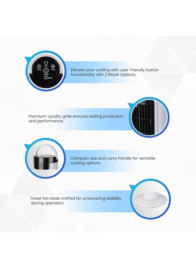 DENX Tower Fan, Vertical Air Conditioner and Cooler, Quiet Standing Cooling Fan with 3 Speeds & 3 Modes, Oscillating Vertical Air Cooler for Bedroom, Office, Home, Portable Floor Fan with Safe Leafless Design, 40W, UK Plug, White + Black, DX2618