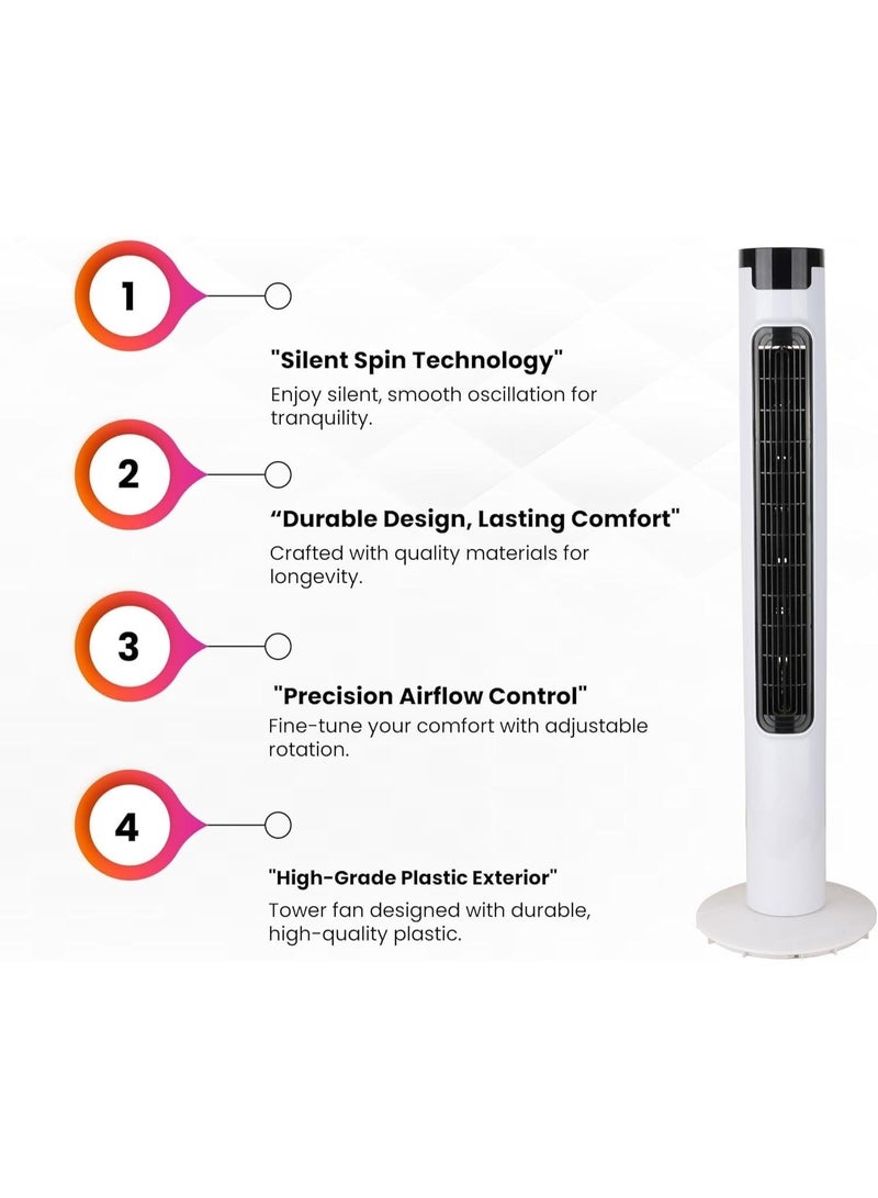 DENX Tower Fan, Vertical Air Conditioner and Cooler, Quiet Standing Cooling Fan with 3 Speeds & 3 Modes, Oscillating Vertical Air Cooler for Bedroom, Office, Home, Portable Floor Fan with Safe Leafless Design, 40W, UK Plug, White + Black, DX2618