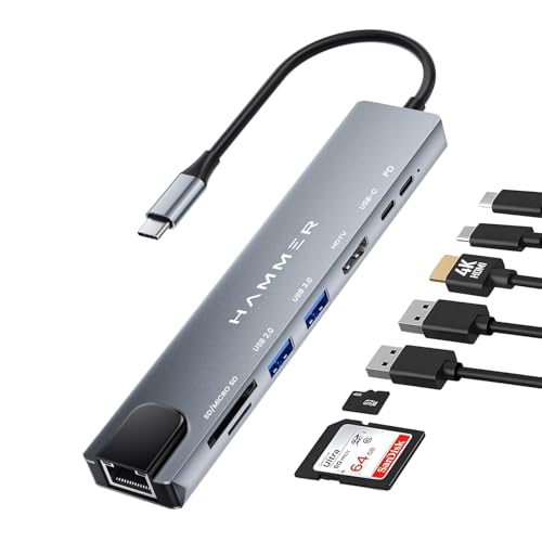 HAMMER 8-in-1 USB-C Hub | 100W PD Charging, 5Gbps Data Transfer, HDMI 4K, (RJ45) Ethernet Port, SD/TF Card Reader, USB 3.0 & 2.0 | Multiport Adapter for Laptop, MacBook, & Smartphones (Grey) - Image 1