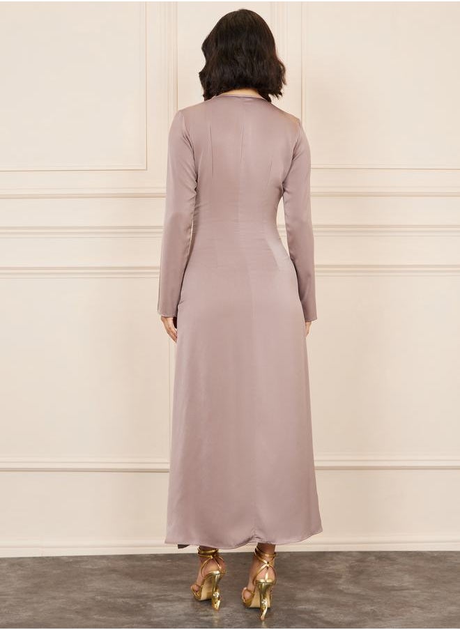 Styli - Satin Shiny Lace Trim A-Line Maxi Dress - Image 1