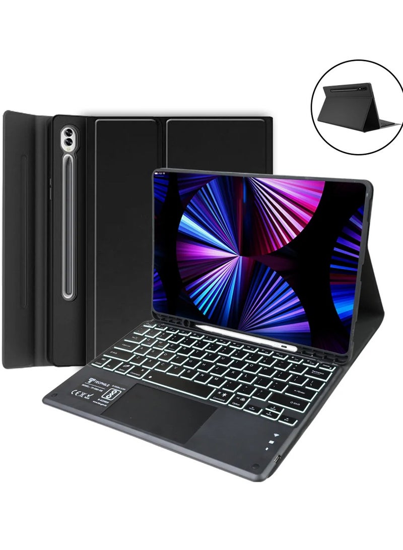 نيو حافظة لوحة مفاتيح ذكية مع لوحة لمس لجهاز سامسونج جالاكسي تاب S10/S9/S8 ألترا 14.6 بوصة - تصميم باللغتين الإنجليزية والعربية، لوحة مفاتيح لاسلكية قابلة للفصل مع لوحة لمس متعددة اللمس، غطاء حماية رفيع مع حامل قلم - أسود - Image 1