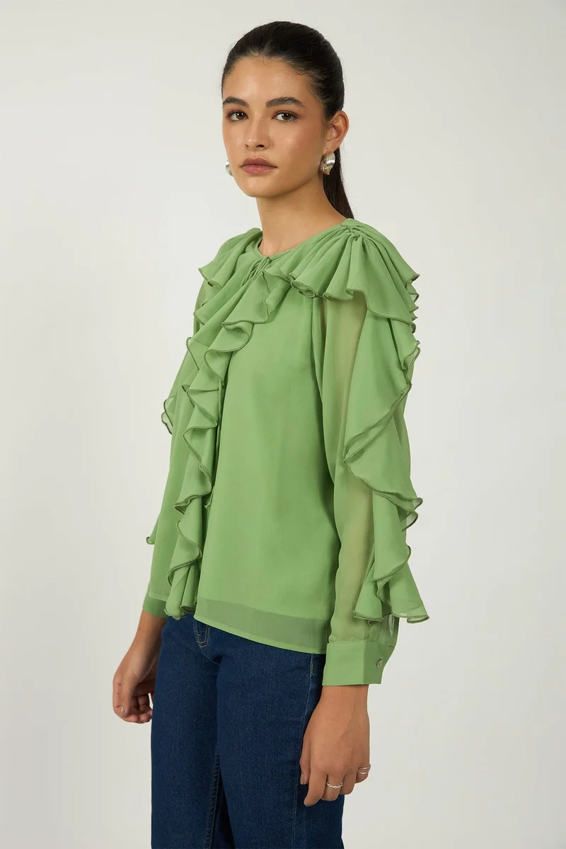 Virgio Green Solid Georgette Green Ruffle Blouse for Women for Women | Best Price UAE