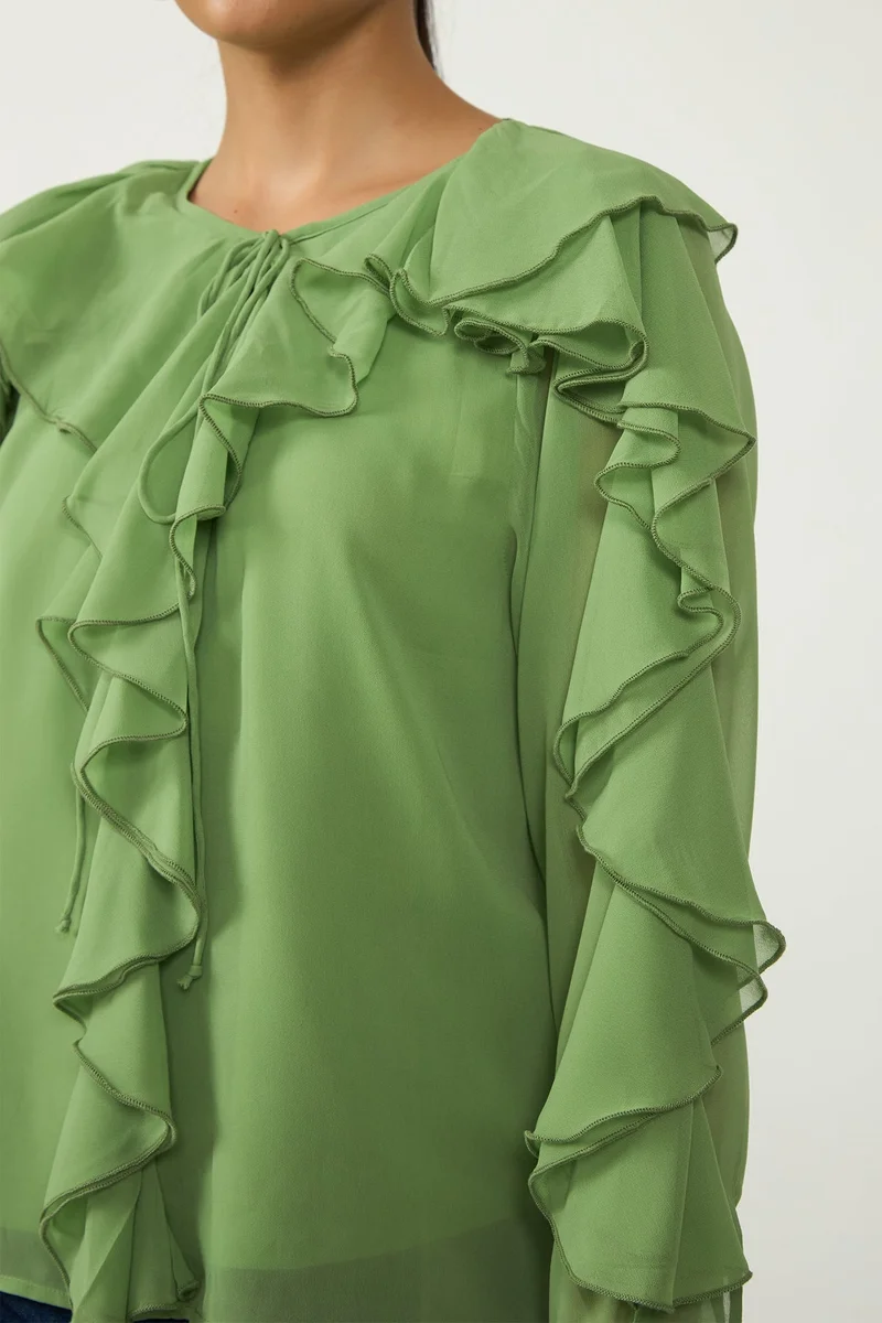 Virgio Green Solid Georgette Green Ruffle Blouse for Women for Women | Best Price UAE