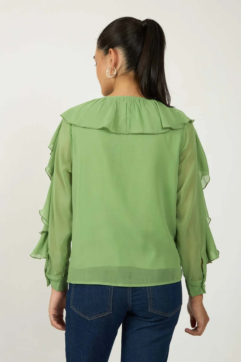 Virgio Green Solid Georgette Green Ruffle Blouse for Women for Women | Best Price UAE