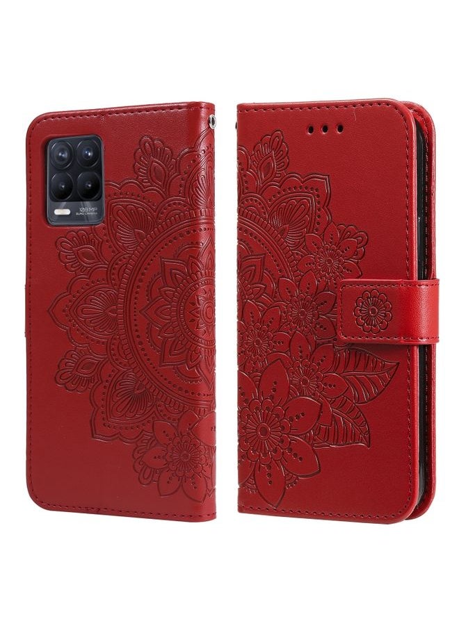 HuHa Case Cover For Realme 8 / Realme 8 Pro 7-petal Flowers Embossing Pattern Horizontal Flip PU Leather Case with Holder & Card Slots & Wallet & Photo Frame Red 