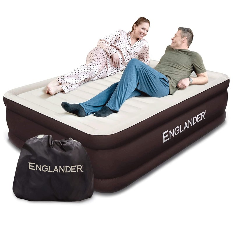 Englander First Ever Microfiber Air Mattress, Microfiber Airbed with Built in Pump Queen Brown/Cream Top - Image 1