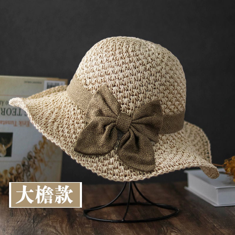 Straw Hat Women Summer Small Brim Bow Foldable UV Protection Casual Hat