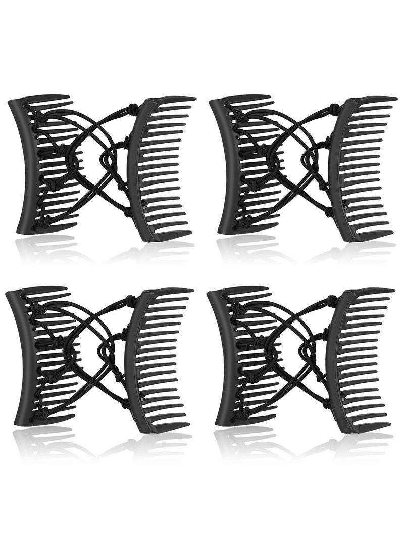 WILLBOND 4 Pieces Stretchy Double Comb Adjustable Elastic Hair Clips No Crease Pins for Womens Curly Thick Wavy Hair Ponytails Solid Black 