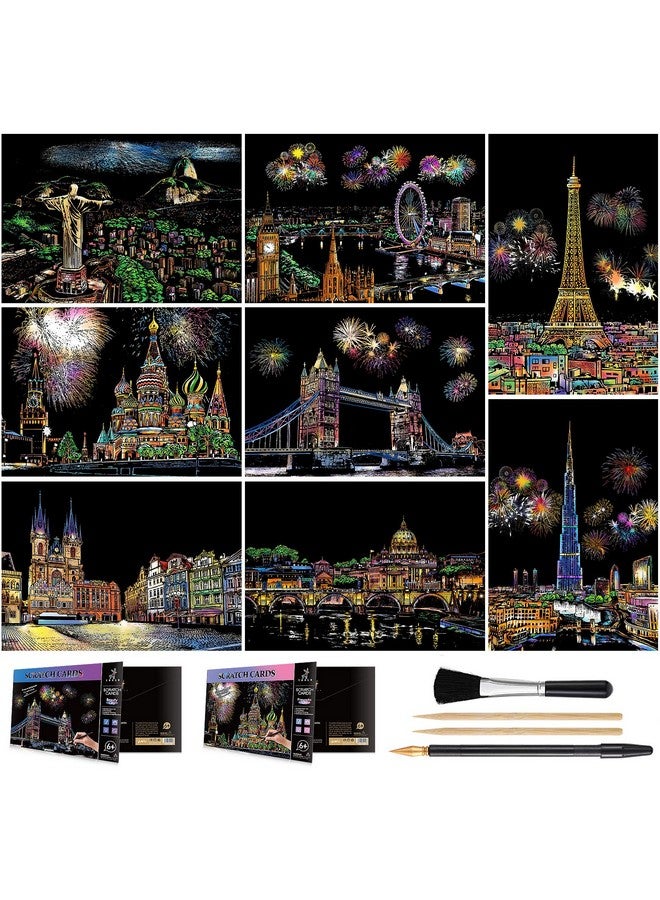 AP ARTSPER Artsper Scratch Art Kids & Adults, Rainbow Engraving Painting Landscape Scratchboard(A4) Crafts Set: 8 Sheets 4 Tools - Fireworks, Big Ben, Cristo Redentor, Ferris Wheel(Landmark Building)  - Image 1