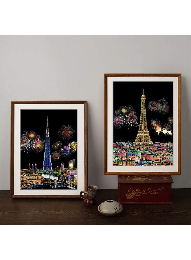 AP ARTSPER Artsper Scratch Art Kids & Adults, Rainbow Engraving Painting Landscape Scratchboard(A4) Crafts Set: 8 Sheets 4 Tools - Fireworks, Big Ben, Cristo Redentor, Ferris Wheel(Landmark Building)  - Image 2