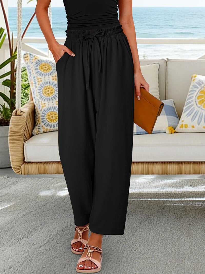 CRAZY GRID Womens High Waisted Palazzo Pants Summer Flowy Beach Wide Leg Trousers Loose Casual Petite Vacation Pants with Pockets Small Black - Image 3