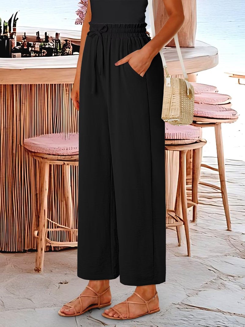 CRAZY GRID Womens High Waisted Palazzo Pants Summer Flowy Beach Wide Leg Trousers Loose Casual Petite Vacation Pants with Pockets Small Black - Image 5