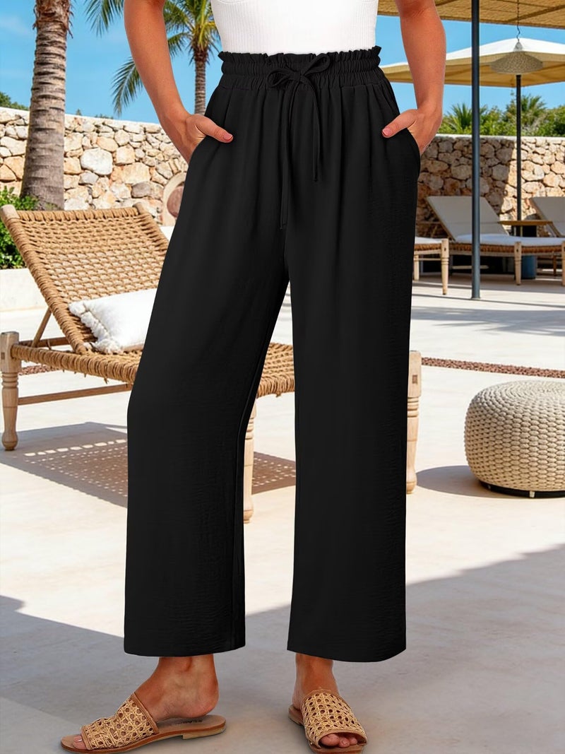 CRAZY GRID Womens High Waisted Palazzo Pants Summer Flowy Beach Wide Leg Trousers Loose Casual Petite Vacation Pants with Pockets Small Black - Image 2