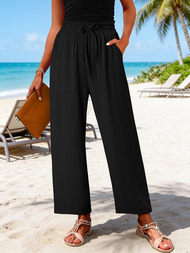 CRAZY GRID Womens High Waisted Palazzo Pants Summer Flowy Beach Wide Leg Trousers Loose Casual Petite Vacation Pants with Pockets Small Black - Image 4