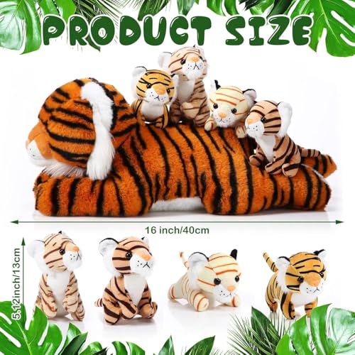 Threan 5 Pcs Tiger Stuffed Animals Plush Toy Set 16 Inch Stuffed Mommy Tiger with 4 Baby Cubs in Zippered Belly Cuddly Plushies for Kids Boys Girls Easter Forest Birthday Graduation PartyCute - Image 5