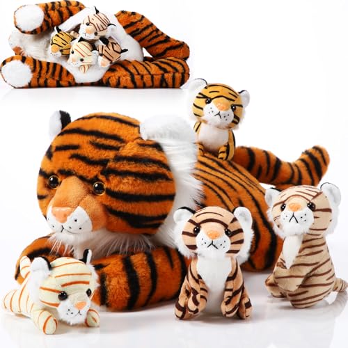 Threan 5 Pcs Tiger Stuffed Animals Plush Toy Set 16 Inch Stuffed Mommy Tiger with 4 Baby Cubs in Zippered Belly Cuddly Plushies for Kids Boys Girls Easter Forest Birthday Graduation PartyCute - Image 1