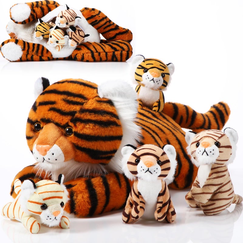 Threan 5 Pcs Tiger Stuffed Animals Plush Toy Set 16 Inch Stuffed Mommy Tiger with 4 Baby Cubs in Zippered Belly Cuddly Plushies for Kids Boys Girls Easter Forest Birthday Graduation PartyCute - Image 3