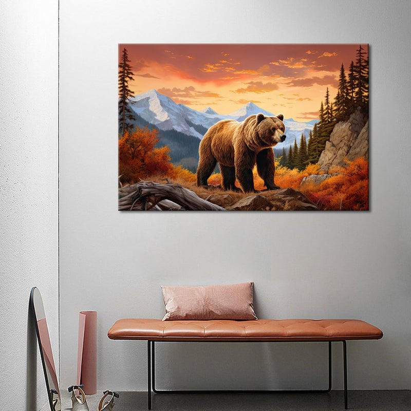 GLOKAKA Abstract Animal Wall Art Brown Bear in the Mountain Giclee Art Print Poster Picture Forest Rocky Mountain Artwork for Office Home Living Room Wall Decoration - Image 2