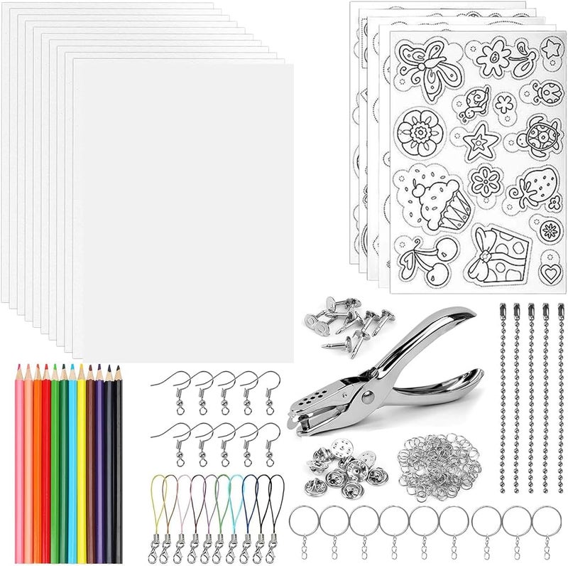 KASTWAVE 183PCS Shrinky Dink Keychain Kit, 15 PCS Shrink Plastic Sheets with Colored Pencils, Hole Punch, Keychains, Buckle Chains for Kids Creative Crafts Jewelry Making DIY Hand Made Tool - Image 1