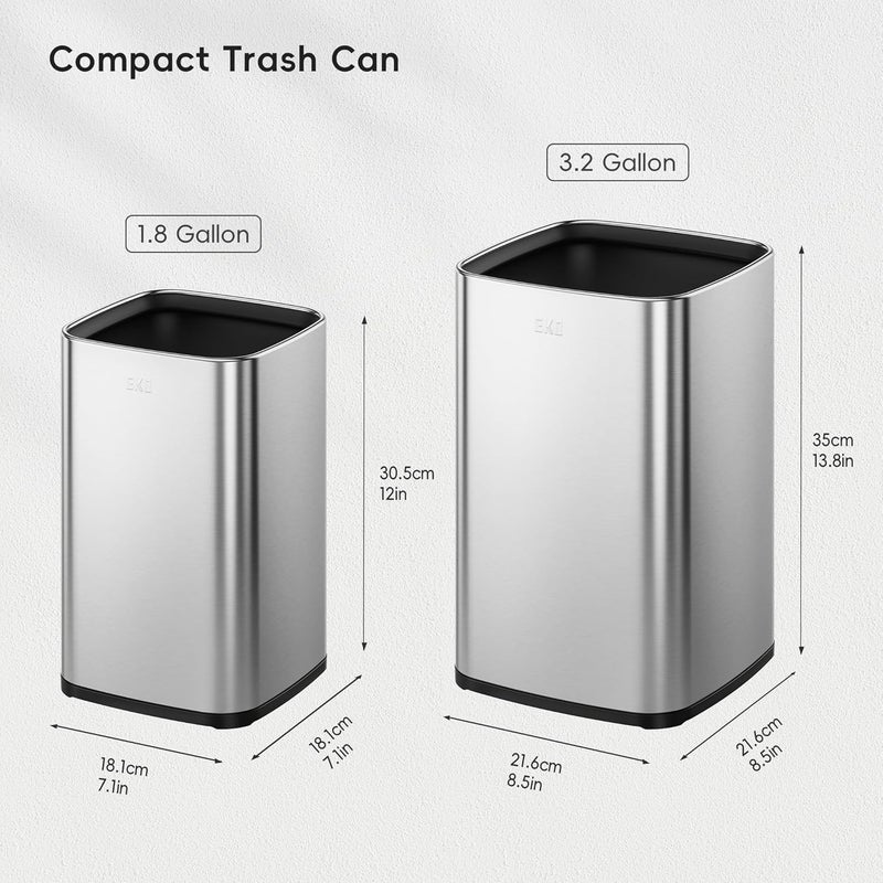 EKO 2-Pack Stainless Steel Open Top Trash Can with Removable Inner Basket, Square Small Garbage Can, 1.8 + 3.2 Gallon Wastebasket Combo, Trashcan for Kitchen, Bathroom, Office, Home - Image 2