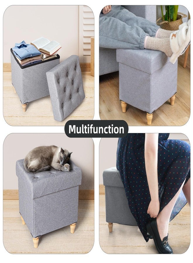 CAROLMADE Folding Storage Ottoman Cube Linen Footstool with Wood Legs Ottoman Footrest for Living Room and Bedroom Brown, Grey 15"x12.6"x15.4” - Image 3