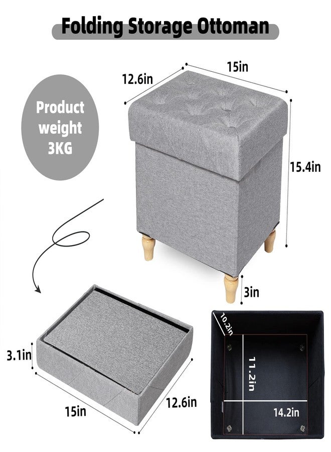 CAROLMADE Folding Storage Ottoman Cube Linen Footstool with Wood Legs Ottoman Footrest for Living Room and Bedroom Brown, Grey 15"x12.6"x15.4” - Image 5