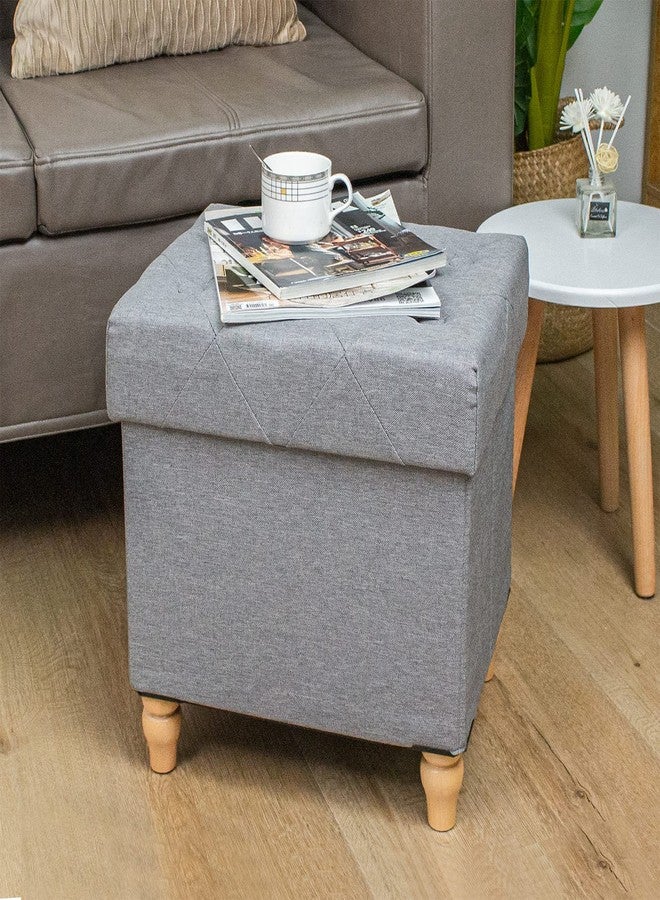 CAROLMADE Folding Storage Ottoman Cube Linen Footstool with Wood Legs Ottoman Footrest for Living Room and Bedroom Brown, Grey 15"x12.6"x15.4” - Image 2