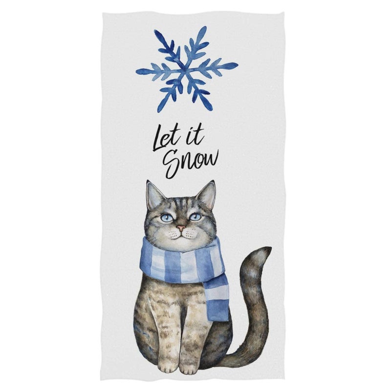 Pfrewn Cat with Scarf Blue Snowflake Hand Towels 16x30 in White Bathroom Towel Let is Snow Winter Ultra Soft Highly Absorbent Guest Towel for HandFaceGym and Spa Xmas Christmas Bathroom Decor