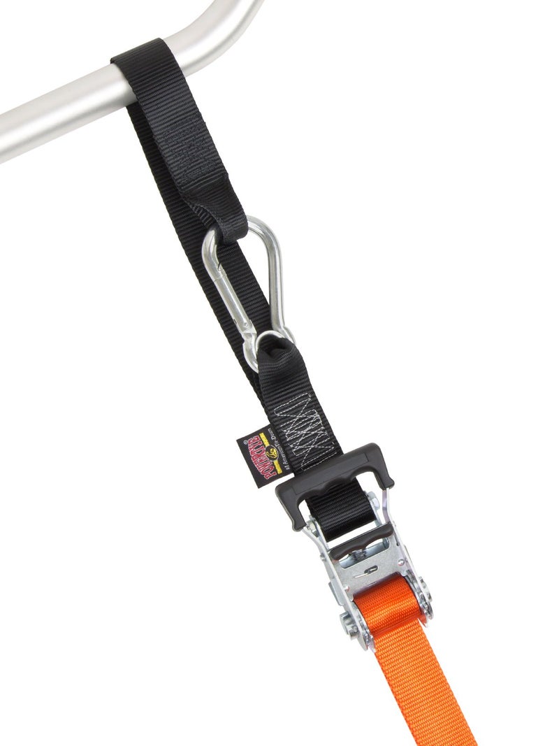 PowerTye 1.5in x 6.5ft Heavy Duty Ratchet Tie-Down Straps with Soft-Tye and Carabiner Hooks - 1,000 lb Working Load Limit / 3,000 lb Breaking Strength - Made in USA - Orange/Black Pair - Image 3