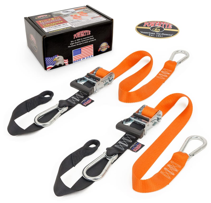 PowerTye 1.5in x 6.5ft Heavy Duty Ratchet Tie-Down Straps with Soft-Tye and Carabiner Hooks - 1,000 lb Working Load Limit / 3,000 lb Breaking Strength - Made in USA - Orange/Black Pair - Image 2