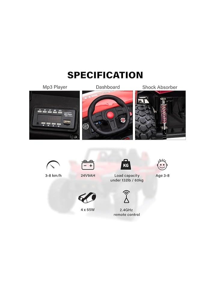 2 Seater 24V Ride on Car, Realistic Off-Road Buggy UTV with 2+1 Seats, Electric Vehicle for Kids with Remote Control, Music, Multiple, Battery Car Drive 3 to 8 Years Boy Girl (Red)