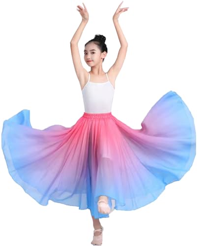 ORIDOOR 720degrees Girl Chiffon Dress with Gradient Color Ballet Classical Ballroom Dance Long SkirtA2 Rose Blue 9-12Years - Image 1