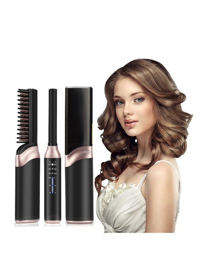 Cordless Hair Straightener Brush, Mini Portable Hair Straightener Comb, Rechargeable Hot Hair Straightener Brush, with Anti-Scald u0026 3 Heating Level, for Women Men Home Travel (Black) - Image 1