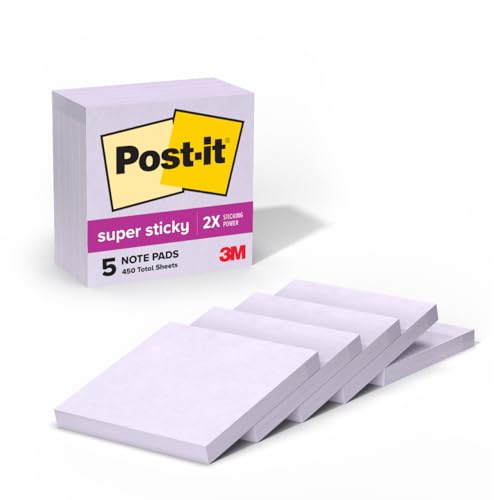 Post It Post-it Super Sticky Notes, 5 Sticky Note Pads, 3 x 3 in., School Supplies, Office Products, Sticky Notes for Vertical Surfaces, Monitors, Walls and Windows, Orchid Frost Lavender - Image 1